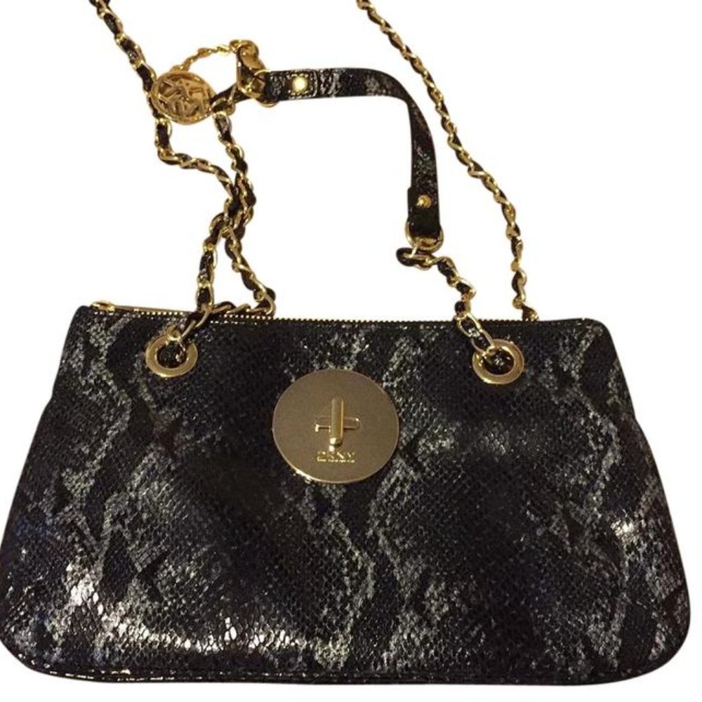 DKNY Metallic Python W/Modern Lock Style R4112802 Black Leather Shoulder Bag